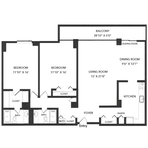 Floor plan for 2 beds, 2 baths, 1286 sqft